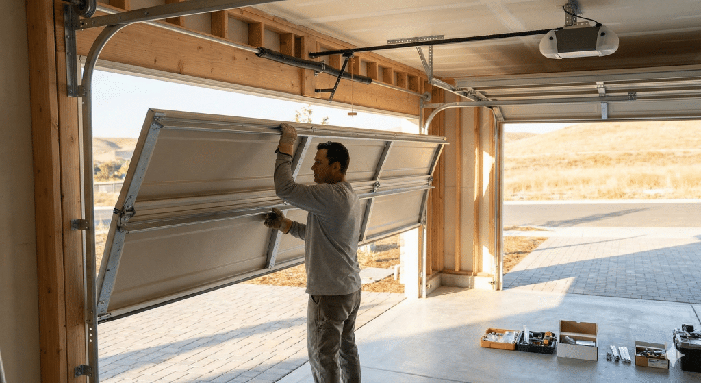 Technician installing a residential garage door with steel panels, tracks, and torsion spring system inside a home garage during professional installation.