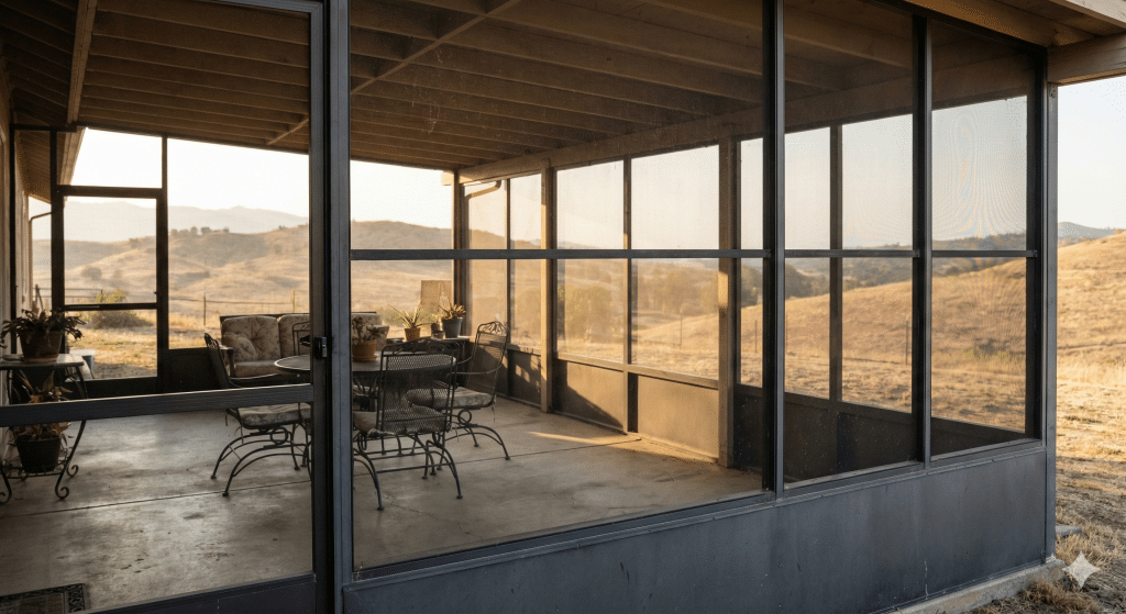 Fixed-frame patio screens enclosing a covered outdoor patio in a Valley Springs home, providing insect protection, airflow, shade, and extended outdoor living use.