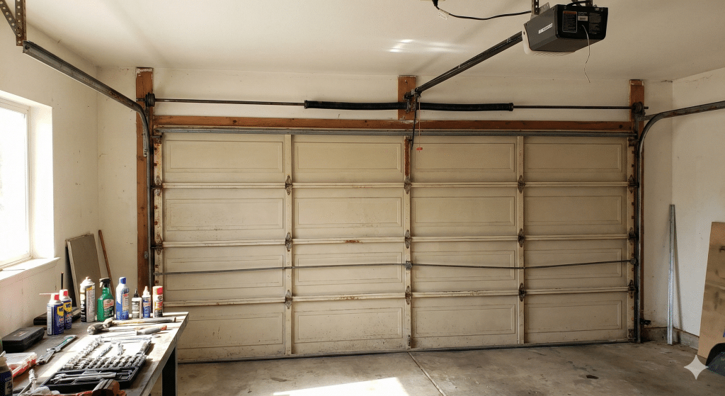 Residential garage door system showing torsion springs, cables, rollers, tracks, hinges, weather seals, and opener components arranged for proper maintenance and safe operation.