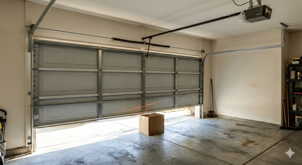 Residential garage door demonstrating safety auto-reverse with photo-eye sensors detecting an obstruction while closing, showing springs, tracks, and opener components.