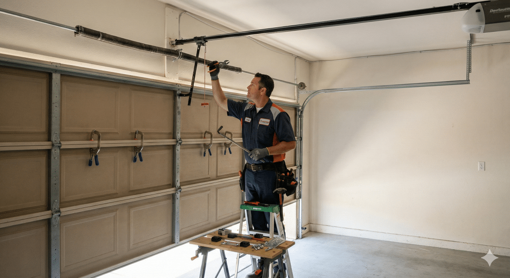 Garage door technician inspecting torsion springs, cables, and rollers during a professional residential garage door repair inside a home garage.